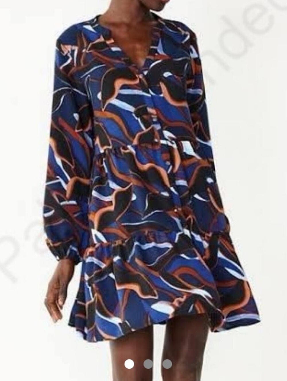 Nine West Blue & Rust Abstract Long-Sleeve Ruffle-Hem Dress